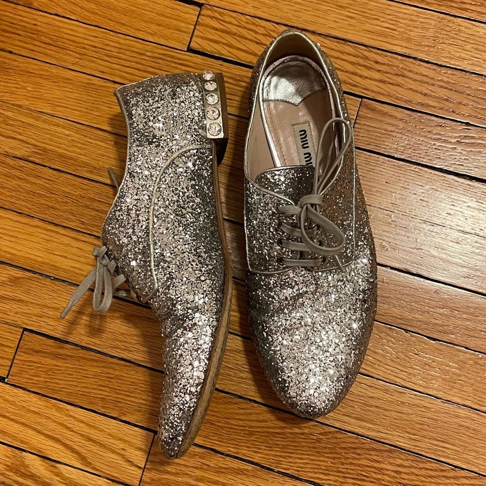 Miu Miu Silver Glitter Lace Up Oxford Flats, 37.5
